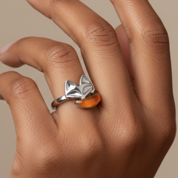 Jewelry - Fox and Ember: Adjustable Amber-Tipped Resin Tail Silver Fox Head Ring